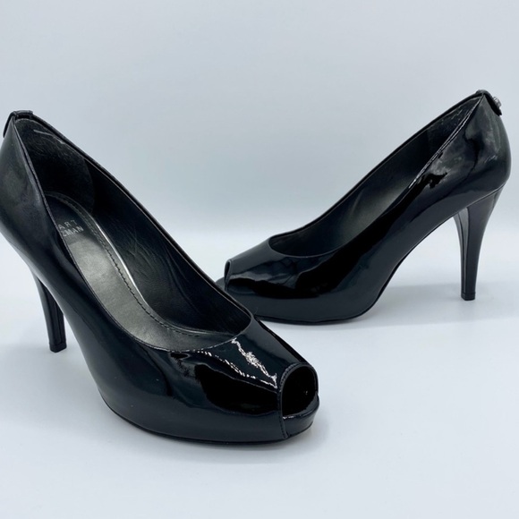 Stuart Weitzman Black Patent Leather Sierra Peep Toe Pump Size 7.5 - Picture 2 of 7